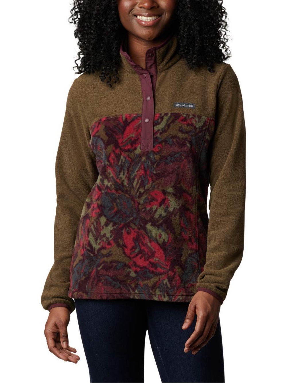 Columbia womens Benton Springs Printed 1/2 Snap Green / Red Fleece Sweater